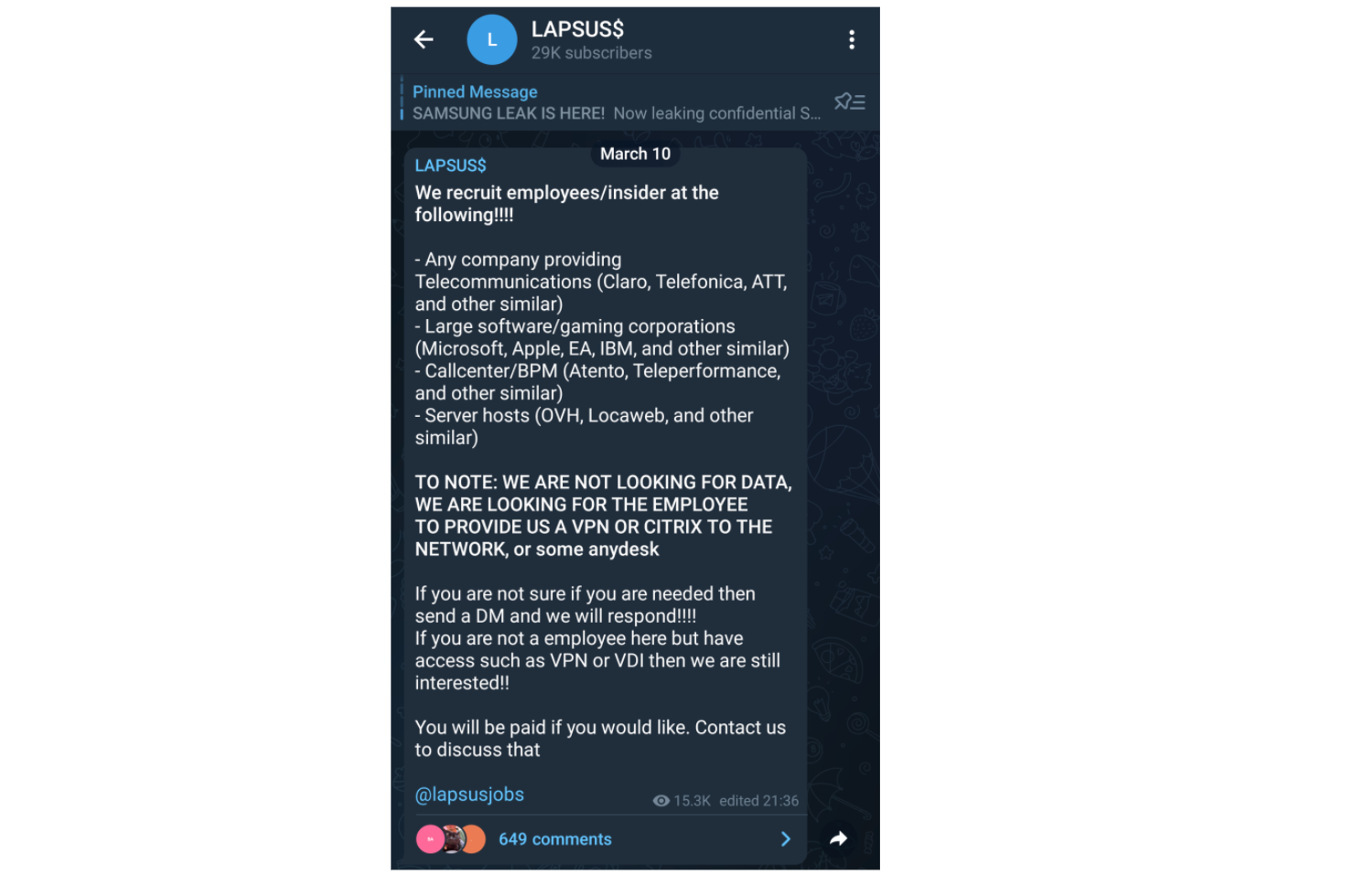 Lapsus telegram account showing call for employees