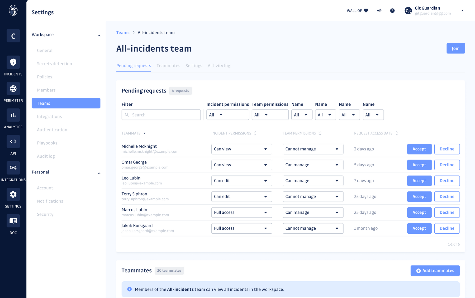 Screenshot of a team configuration page from the GitGuardian UI