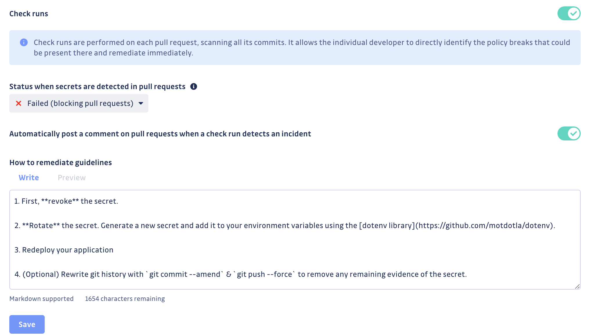 Screenshot of GitGuardian customizable remediation guidelines for GitHub pull requests