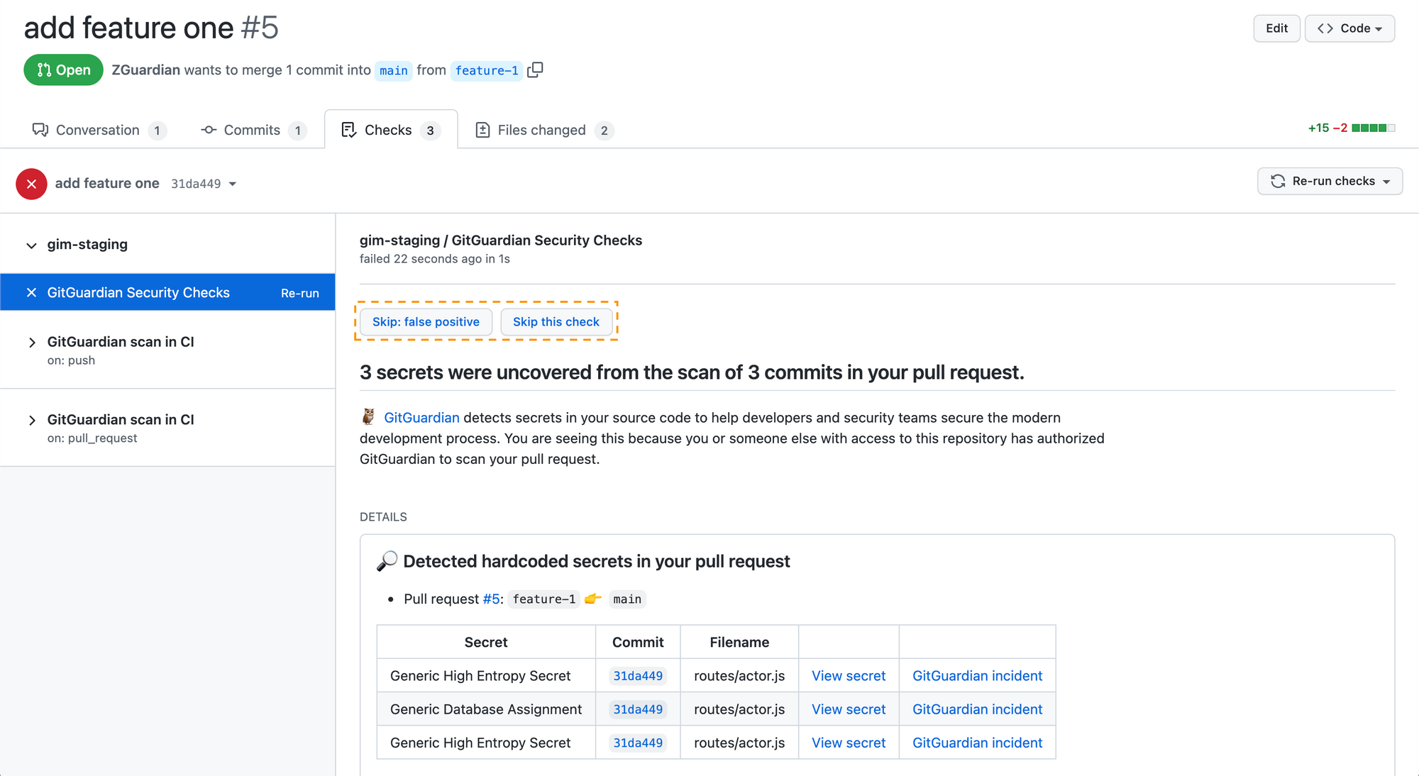 Screenshot of GitGuardian security checks in a GitHub pull request