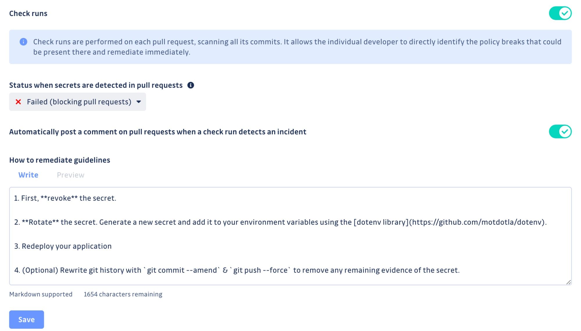 Screenshot of customizable remediation guidelines from the GitGuardian UI