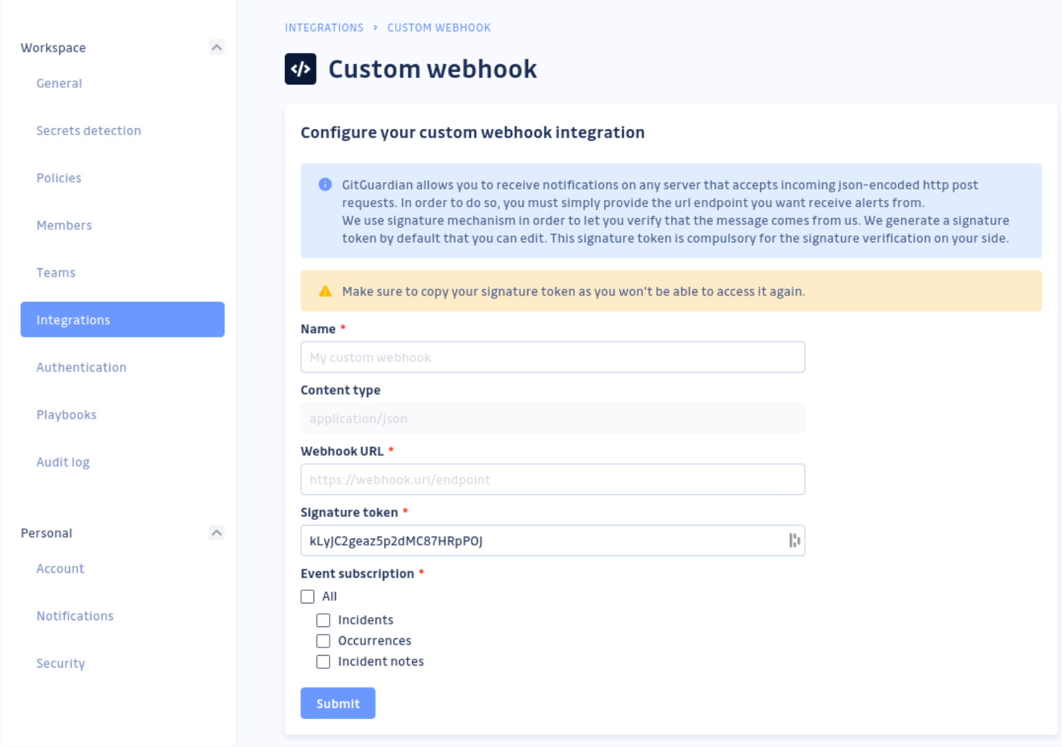 The custom webhook creation process