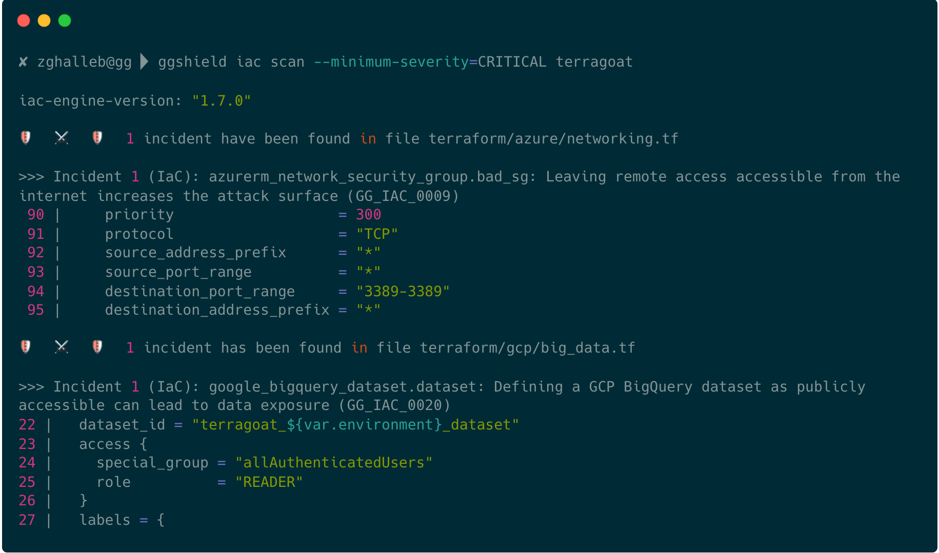 ggshield IaC security scanning output in terminal