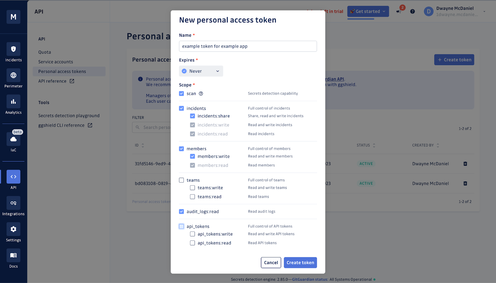 Creating a new personal access token in the GitGuardian dashboard