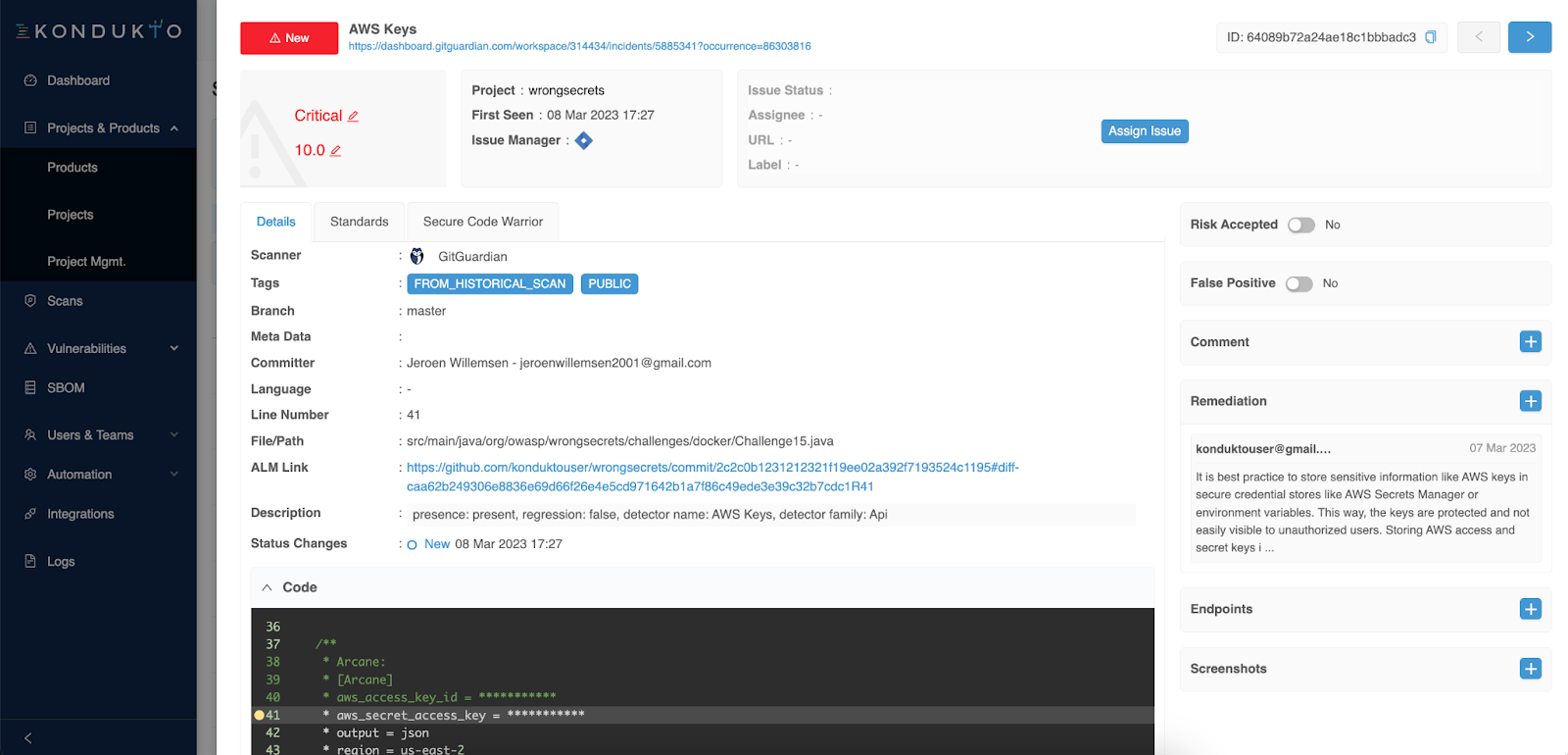 Closely inspect a hardcoded secret incident in the detailed view