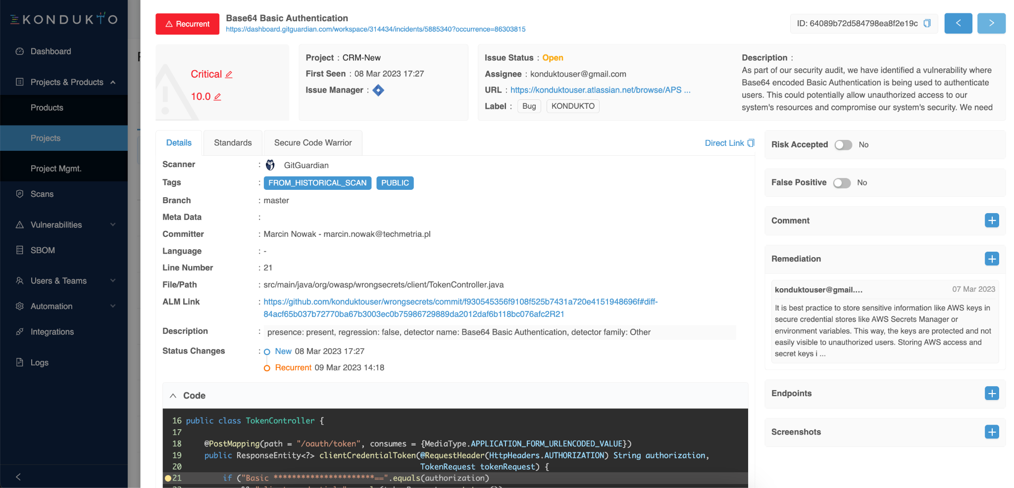 Details of a hardcoded secret incident in the Kondukto dashboard