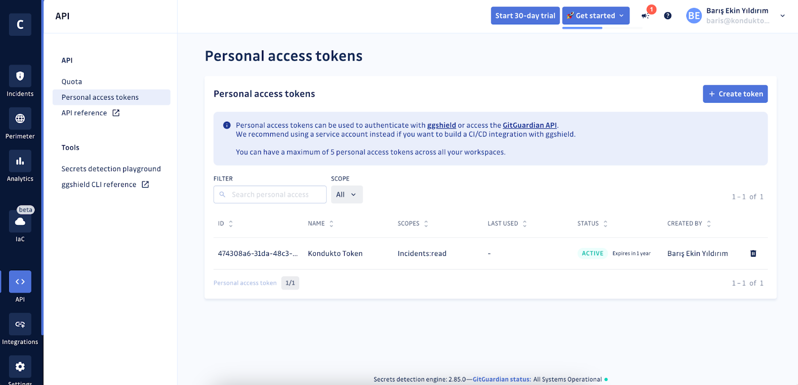 Create a personal access token in GitGuardian (screenshot)