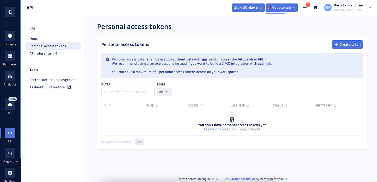 Manage personal access tokens in GitGuardian (screenshot)