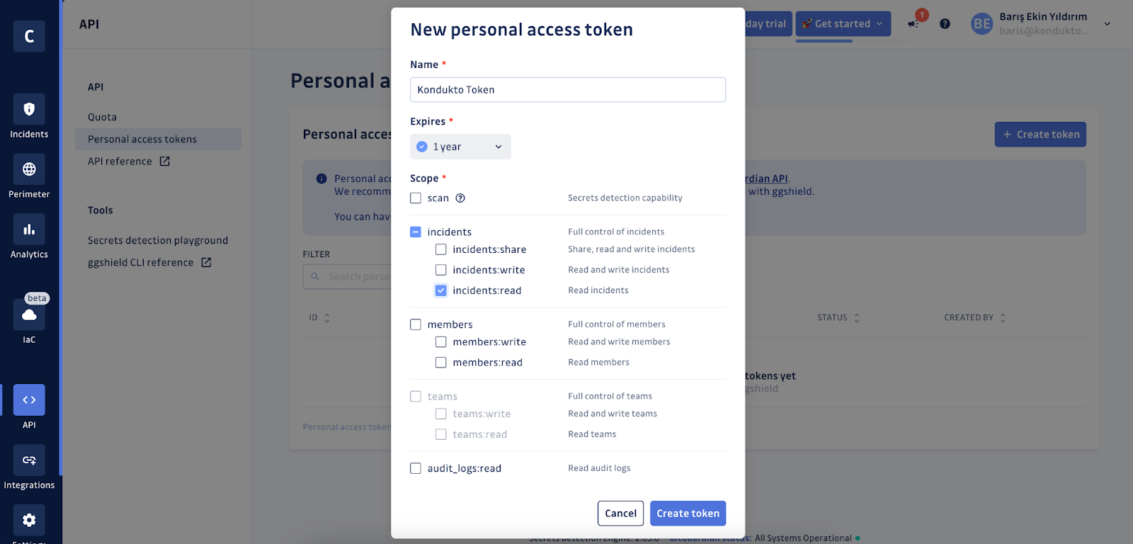 Create a personal access token in GitGuardian (screenshot)