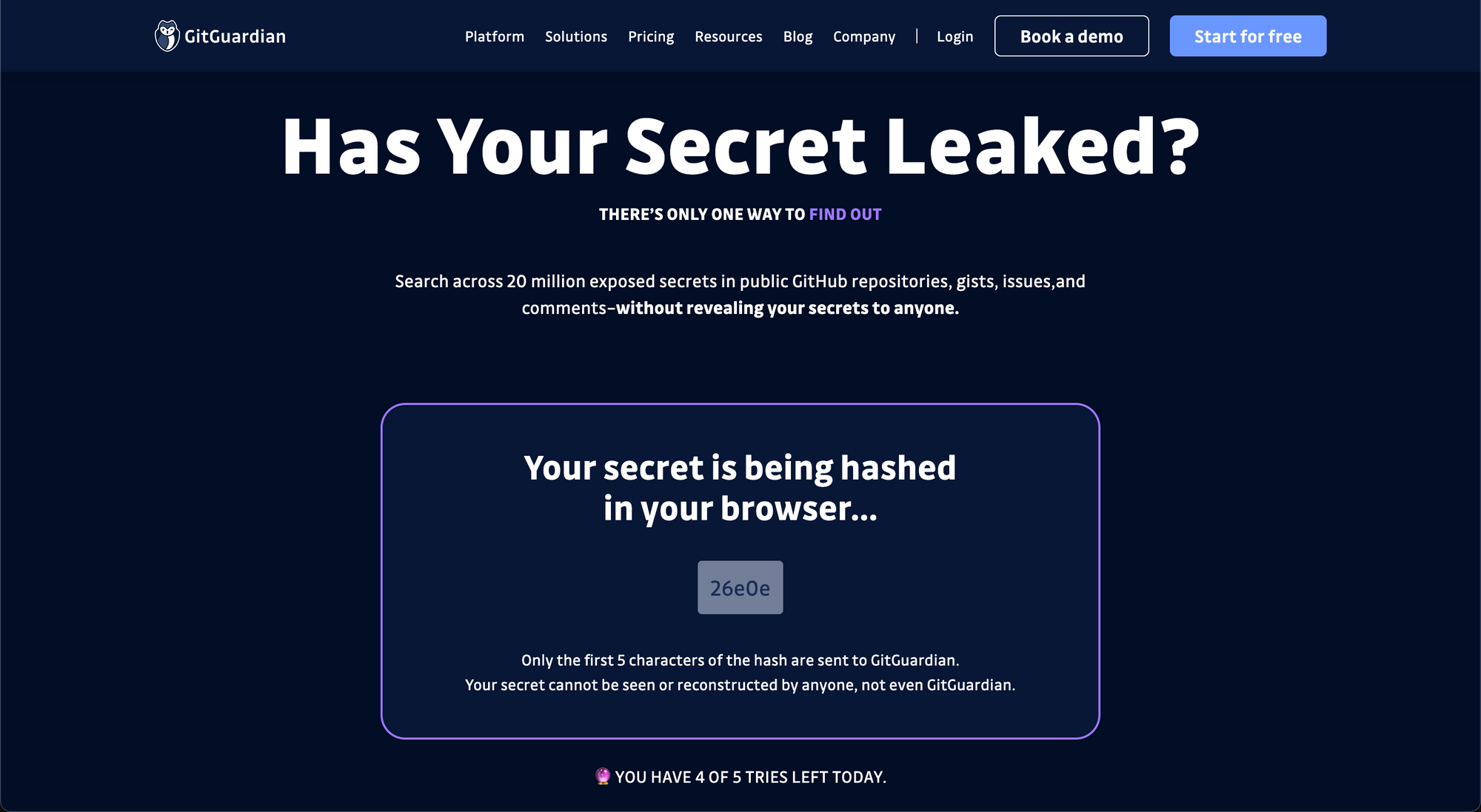 Step 2. Wait while HasMySecretLeaked hashes your secret and extracts a prefix of the hash.