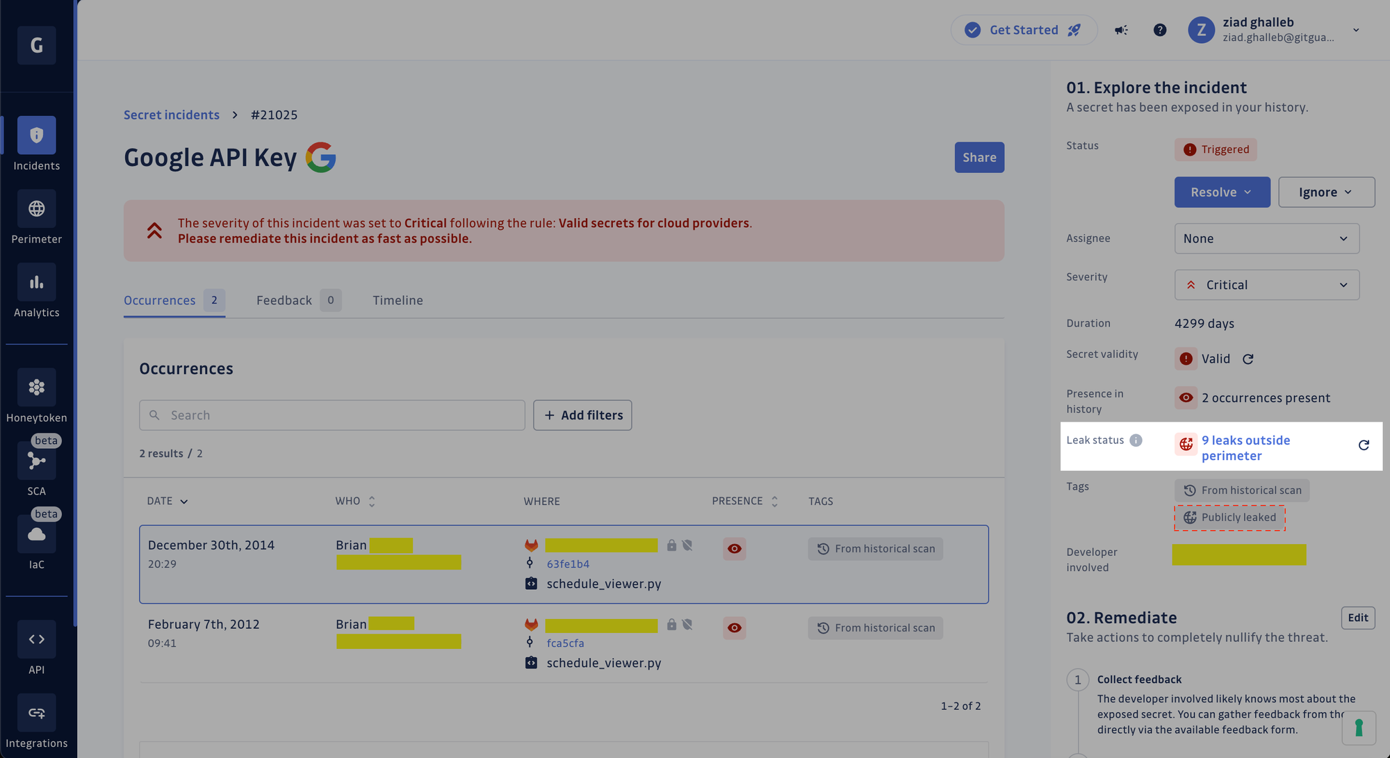 Public leak status on an incident's details view.