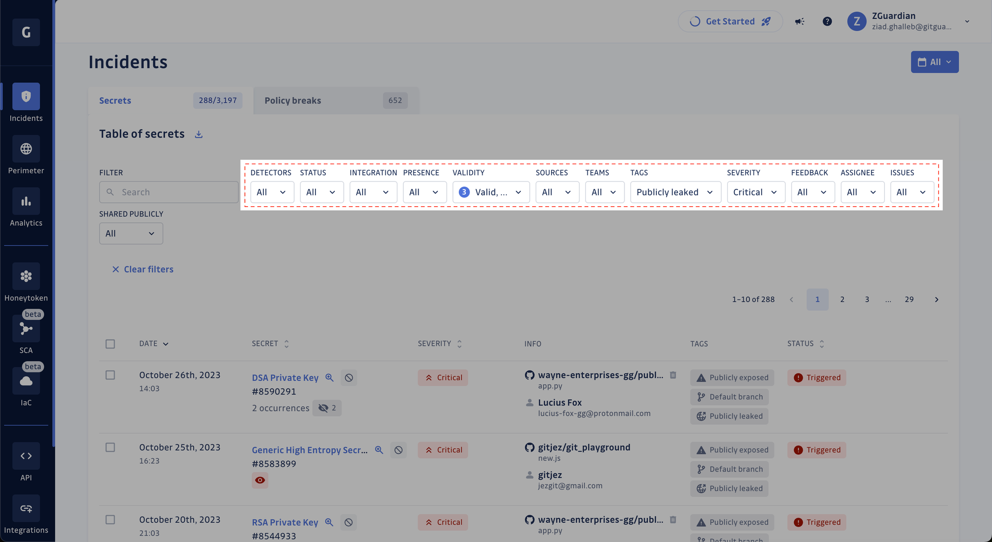 Using filters to prioritize hardcoded secrets incidents.