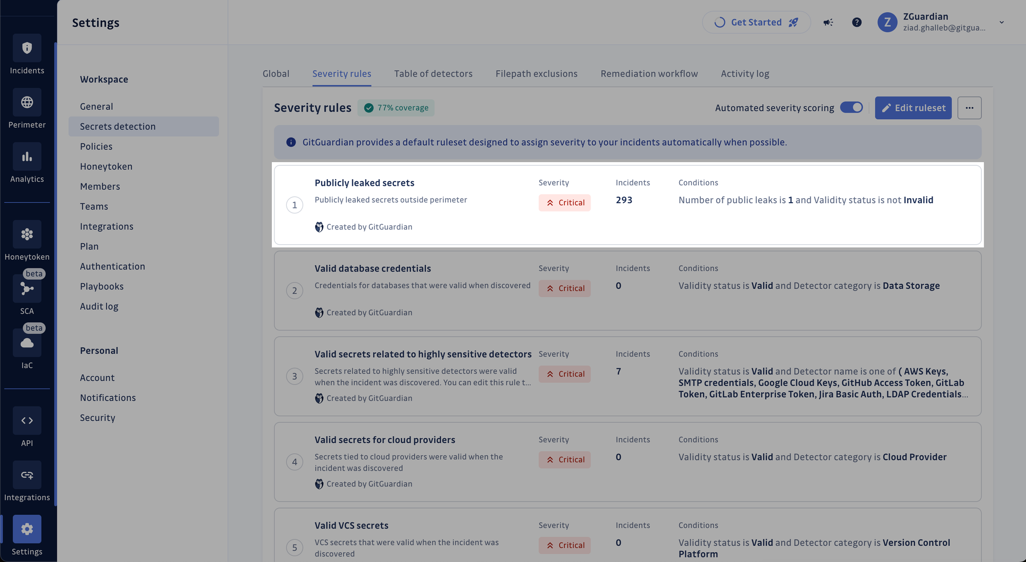 Built-in rules for Automated Severity Scoring, including a rule for publicly leaked secrets.