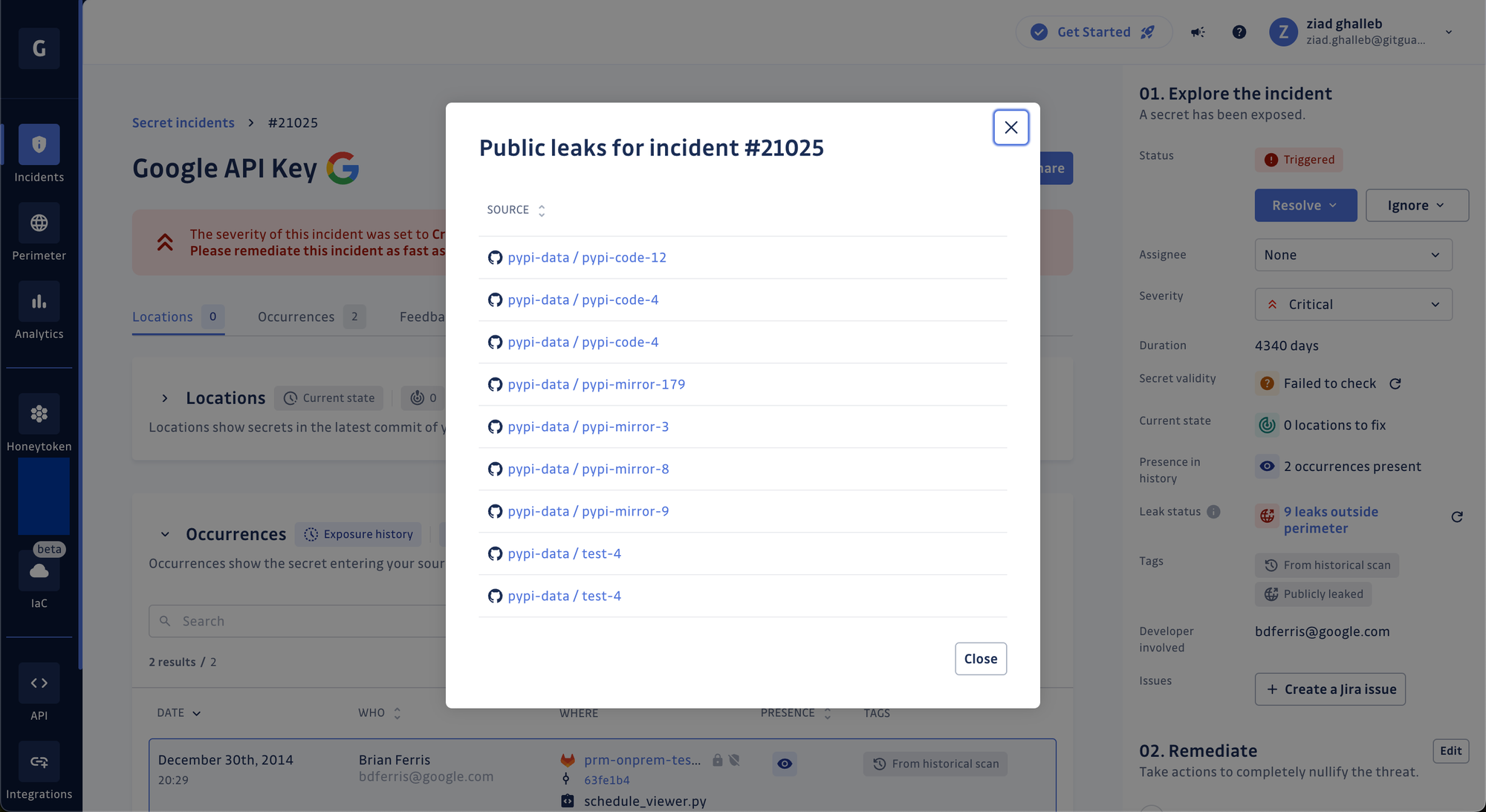 Places where the Google API key has publicly leaked