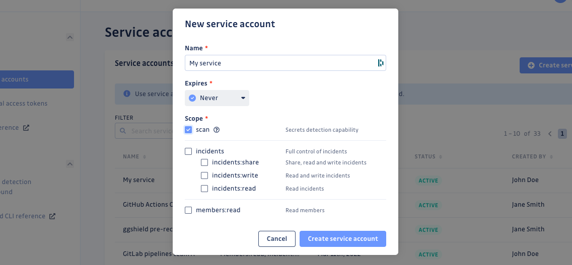 Service accounts modal