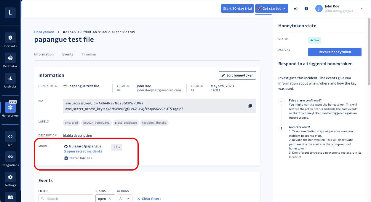 The Source fields highlighted in the GitGuardian Honeytoken detail view