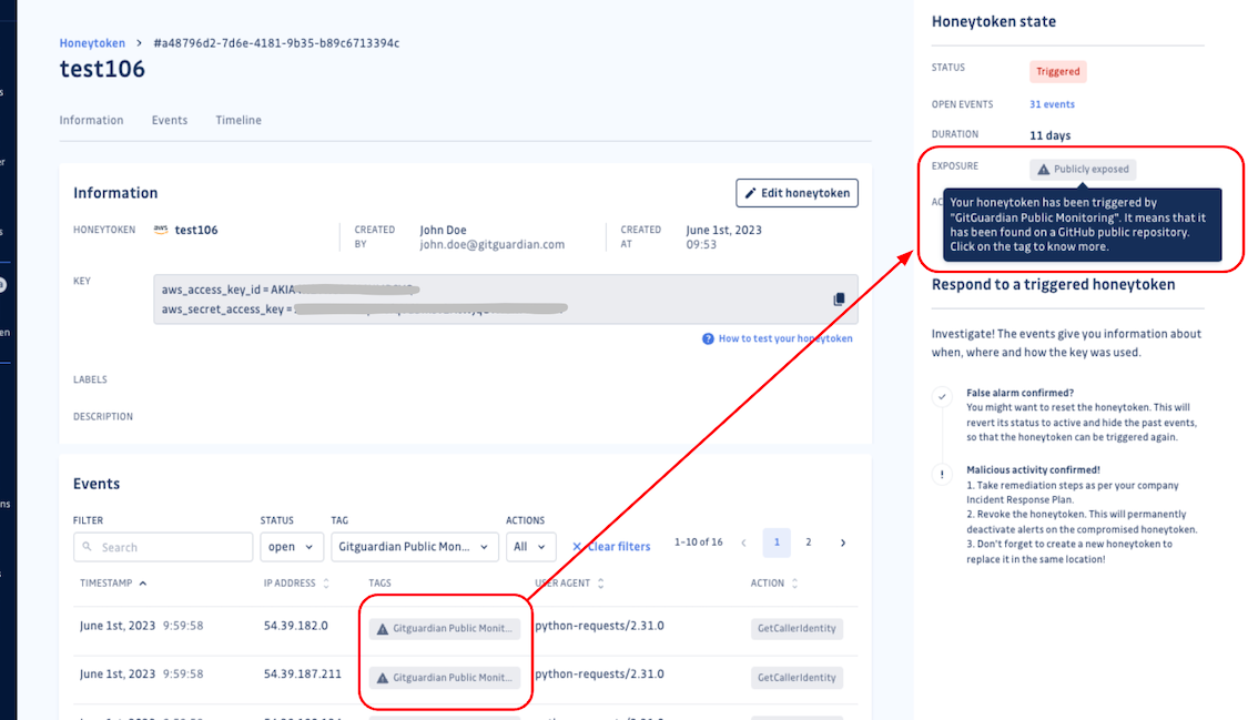 GitGuardian Honeytoken events tagged as Publicly Exposed