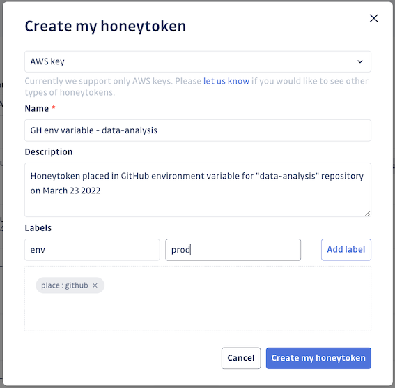 Honeytoken creation screen