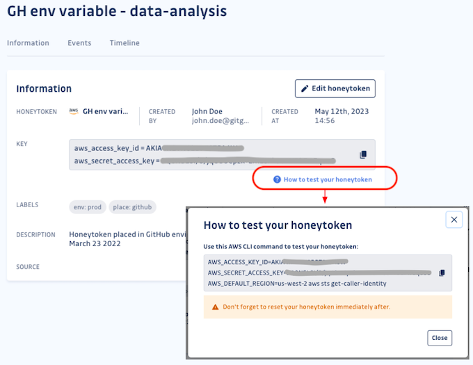 Exposed "How to test your honeytoken" modal showing commands to copy and paste into a terminal