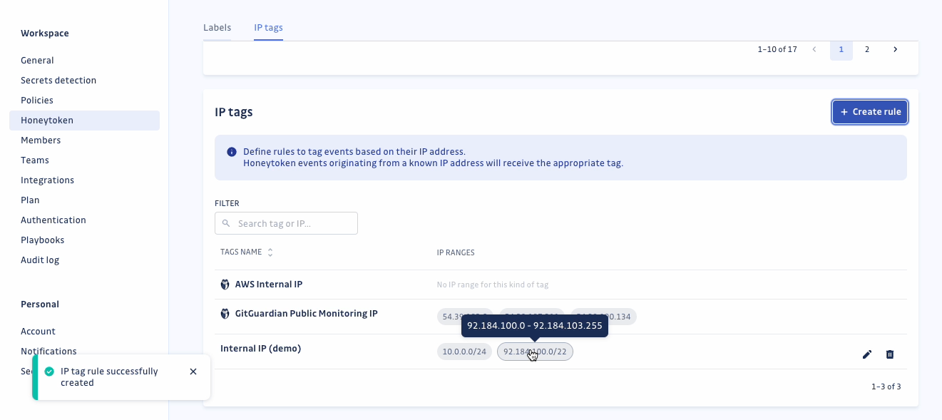 Create and manage IP tags for GitGuardian Honeytoken