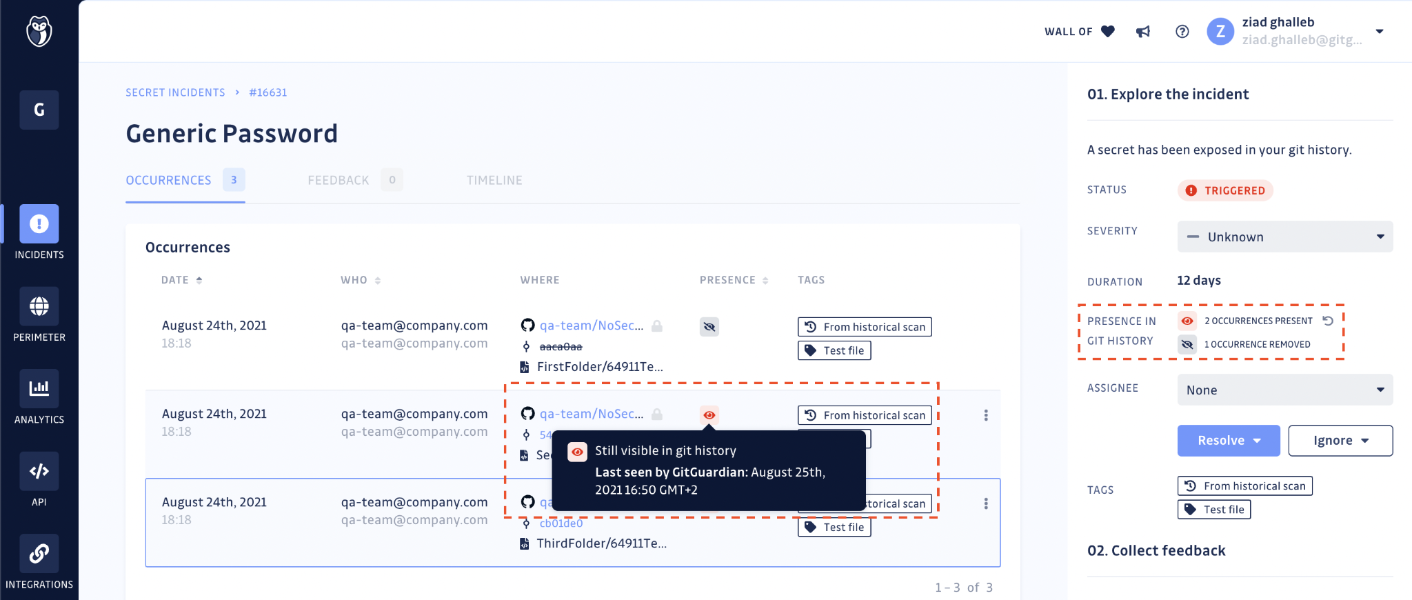 Incident details view — Presence checks are displayed for each occurrence