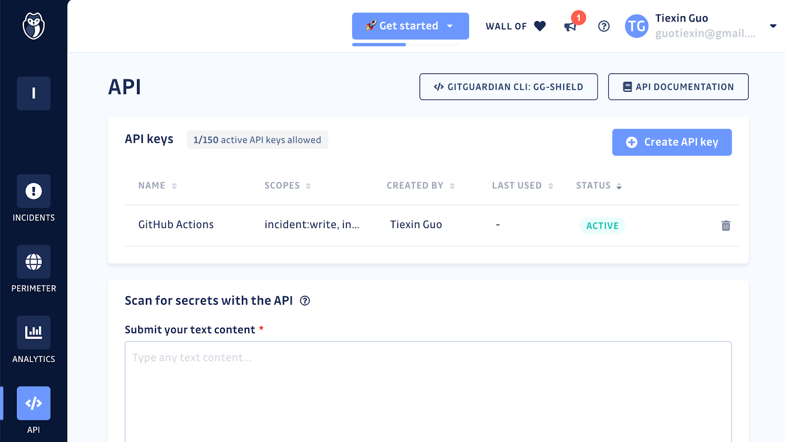 Generating an API key from the GitGuardian dashboard