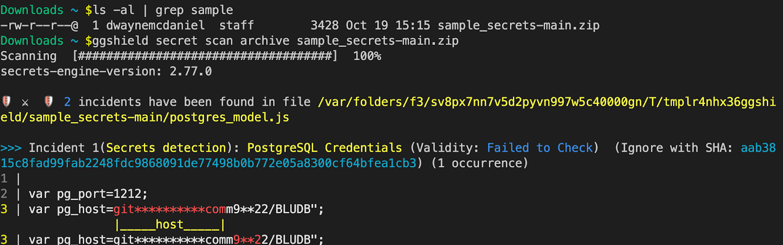 l s command showing sample_secrets-main.zip and the output of ggshield secret scan archive sample_secrets-main.zip finding a secret.