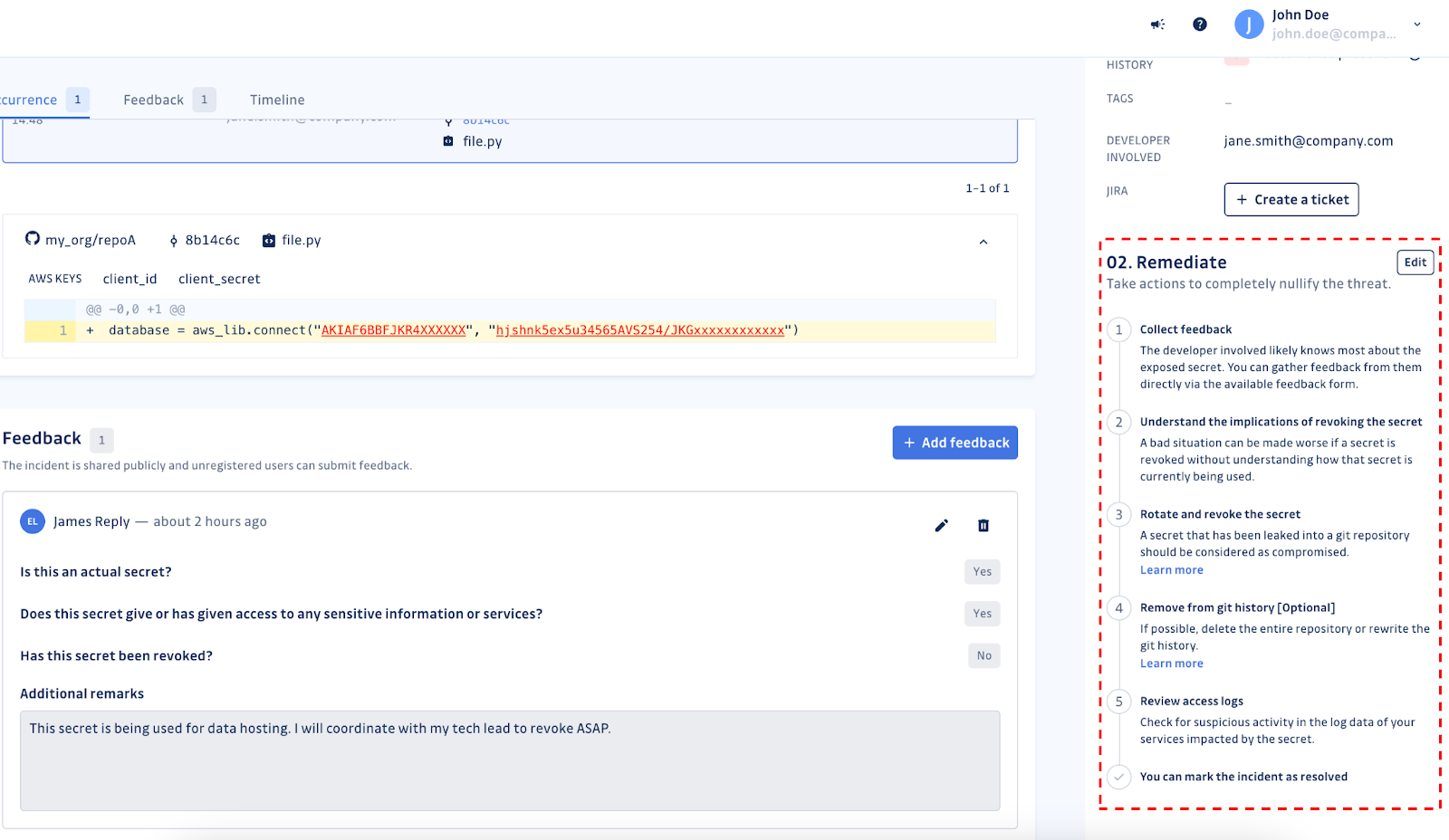 GitGuardian Dashboard Remediate section of the incident details view