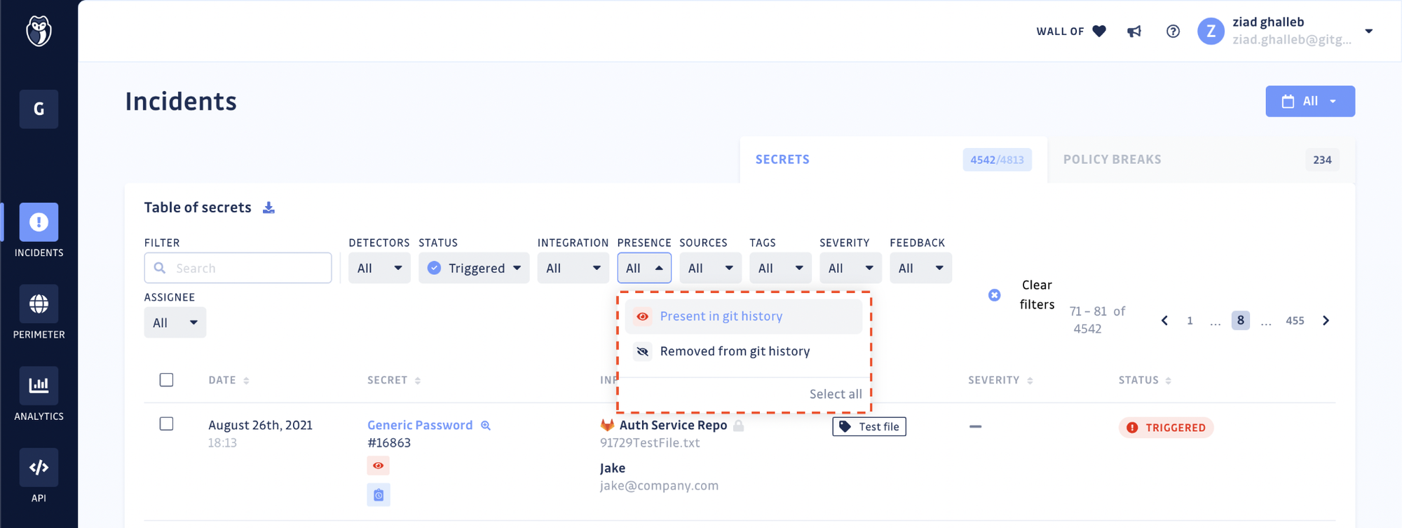 Incidents Table — Filtering incidents by their presence in the git history