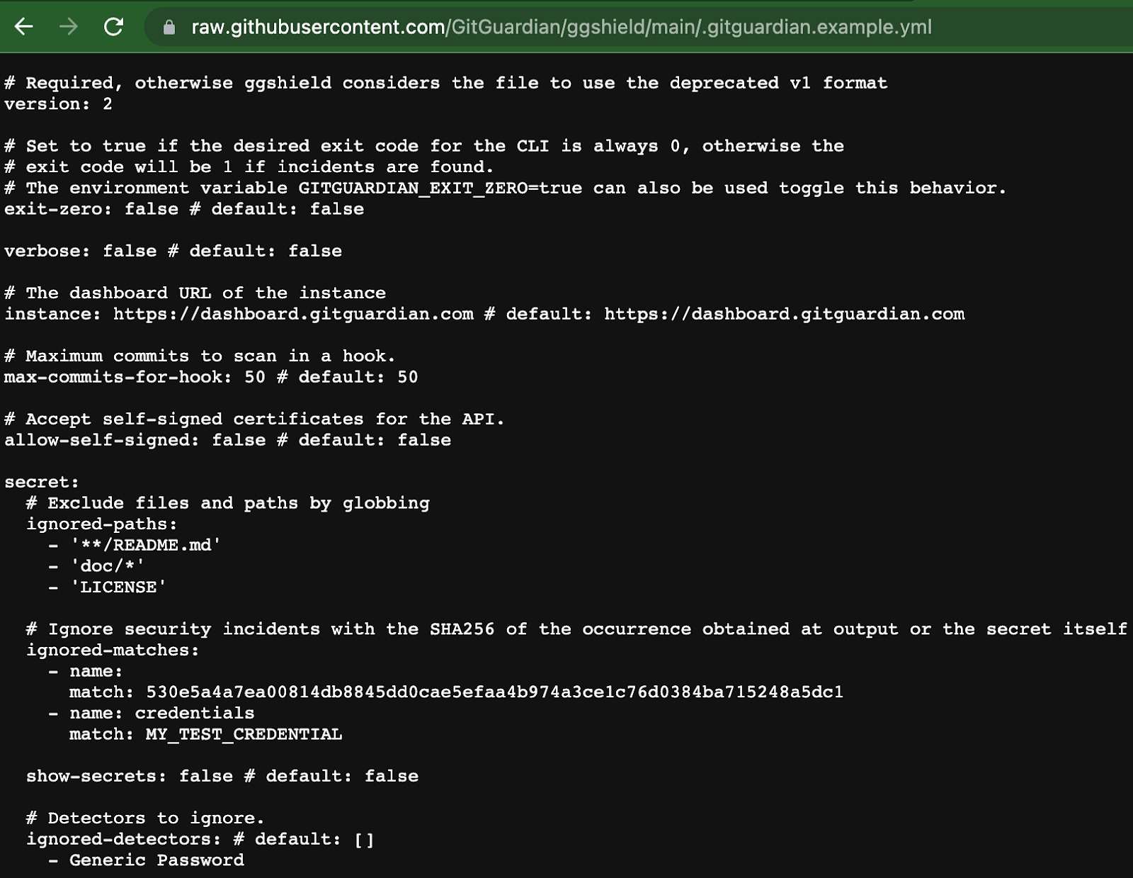 gitguardian.example.yml file on GitHub.com