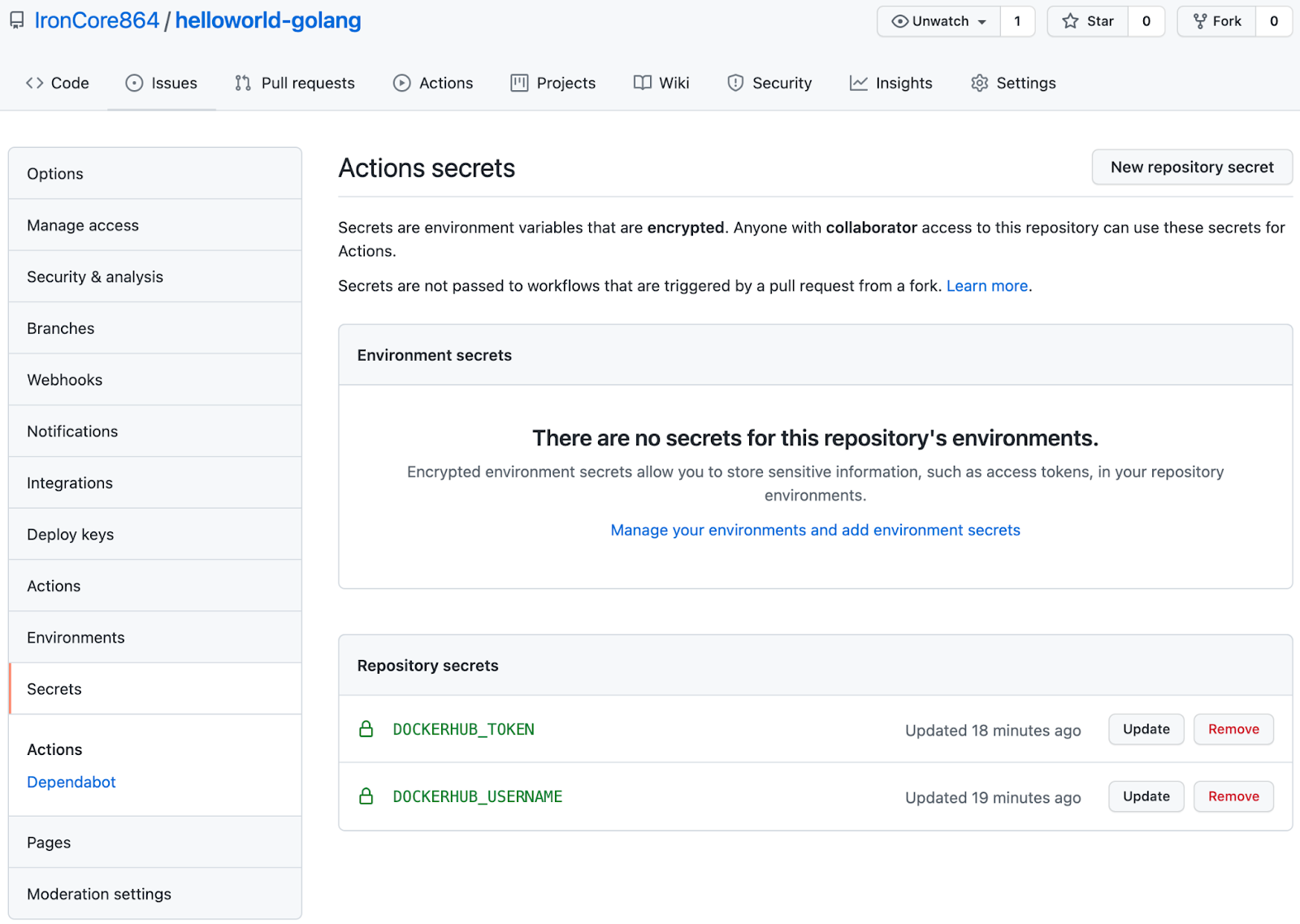 Managing secrets from the GitHub repository