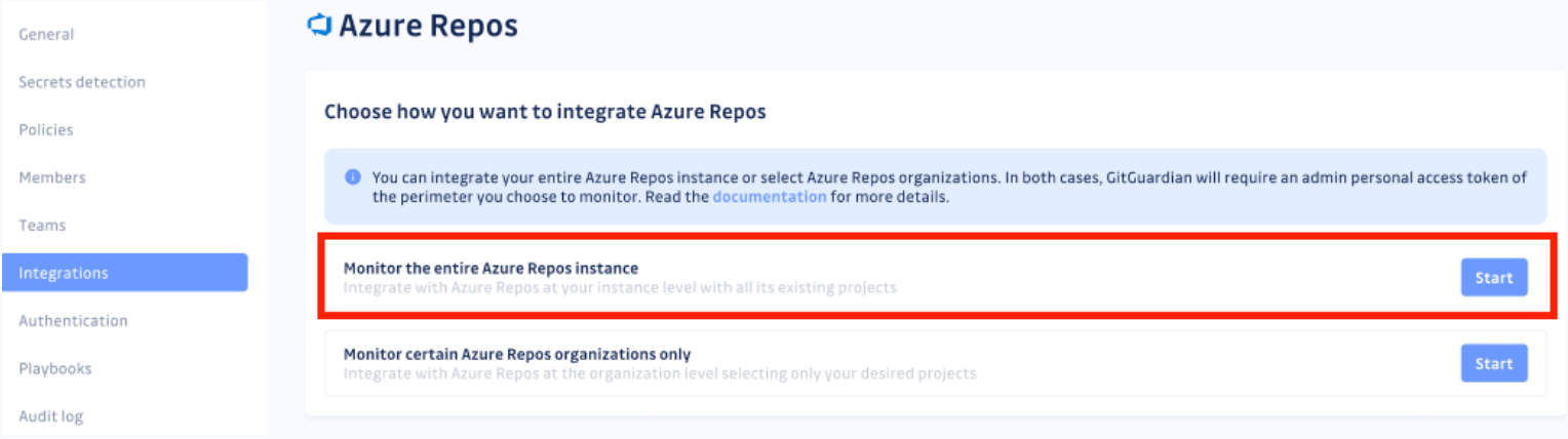 Azure Repos integrations page in GitGuardian