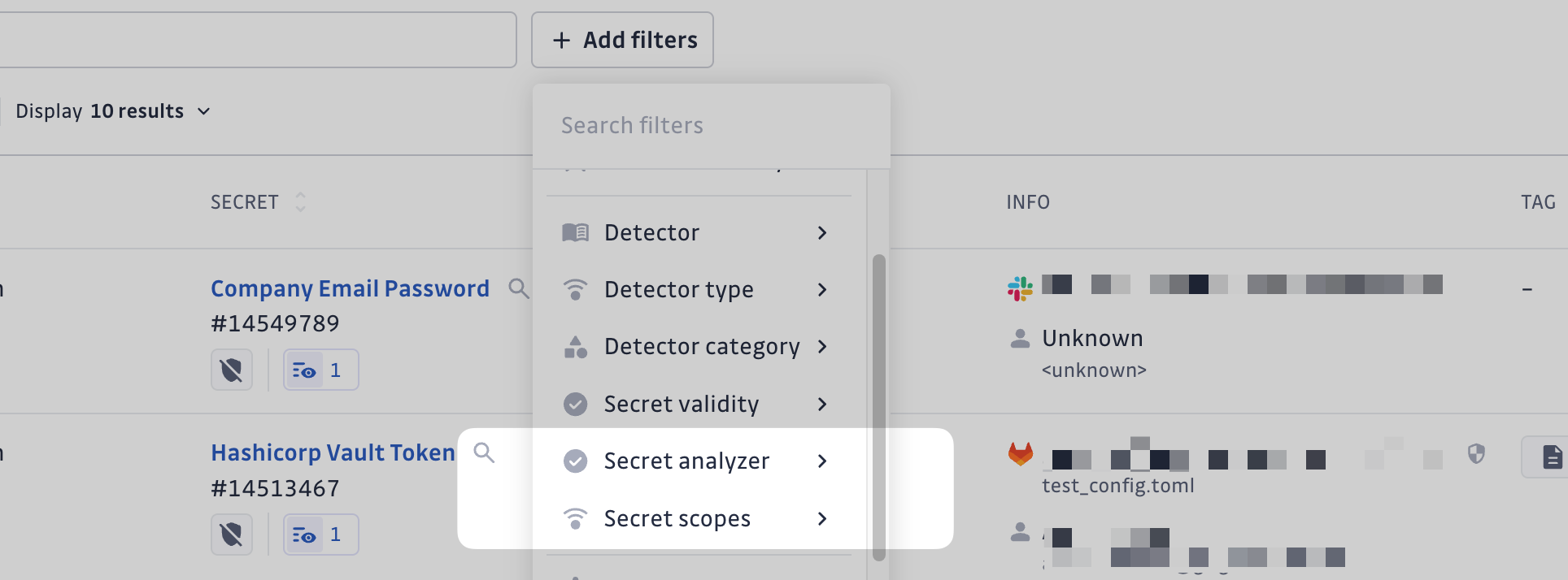 New secrets incidents filters introduced with Secrets Analyzer