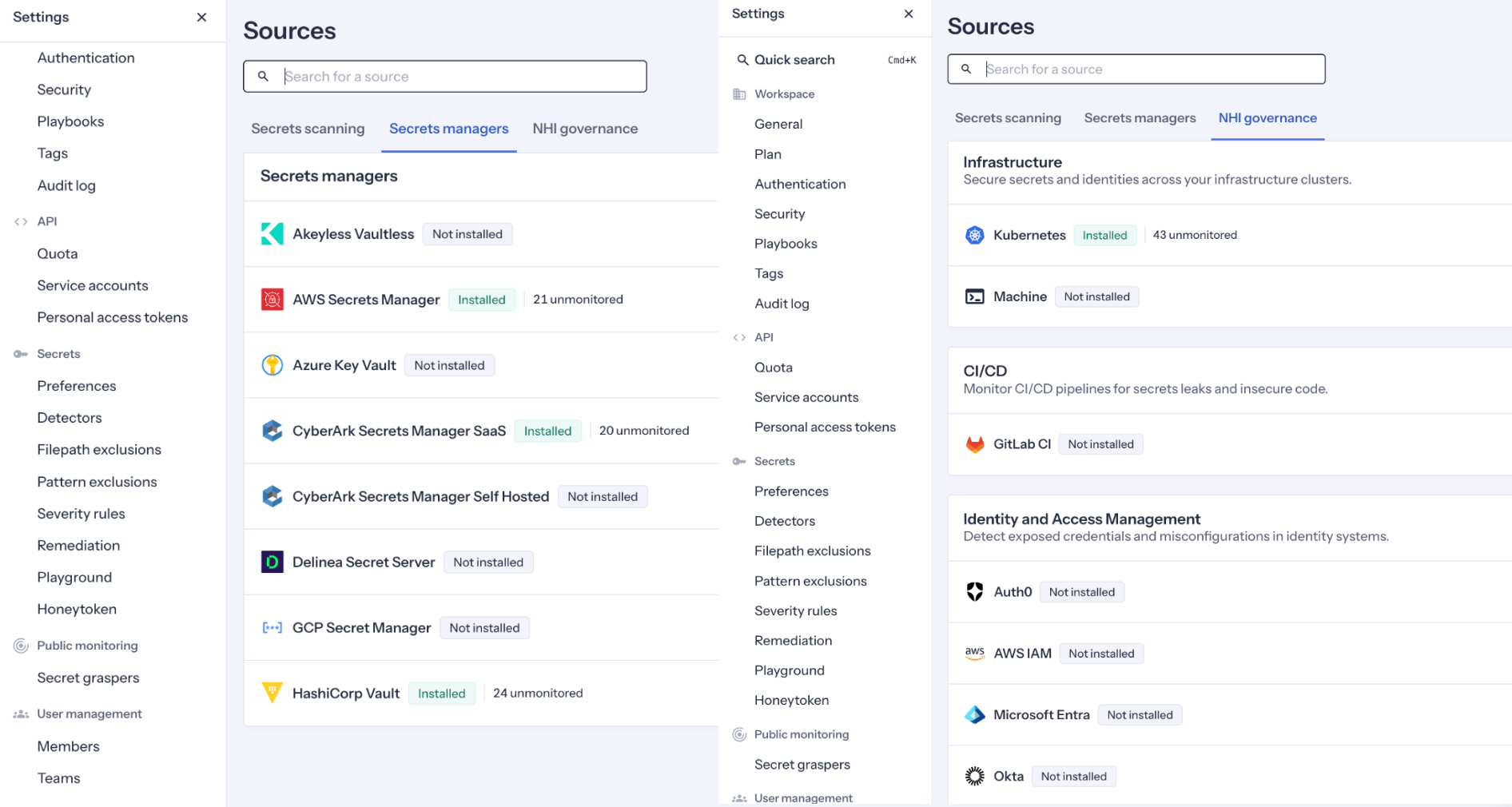 GitGuardian Sources menu, showing identity providers and vaults